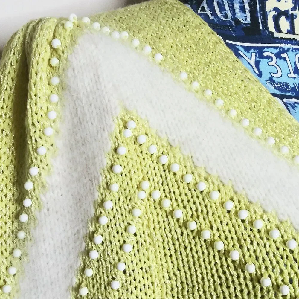 Vtg NANNELL Angora‎ V-Neck Sweater Bead Embellished Puff Sleeve Butter Yellow M